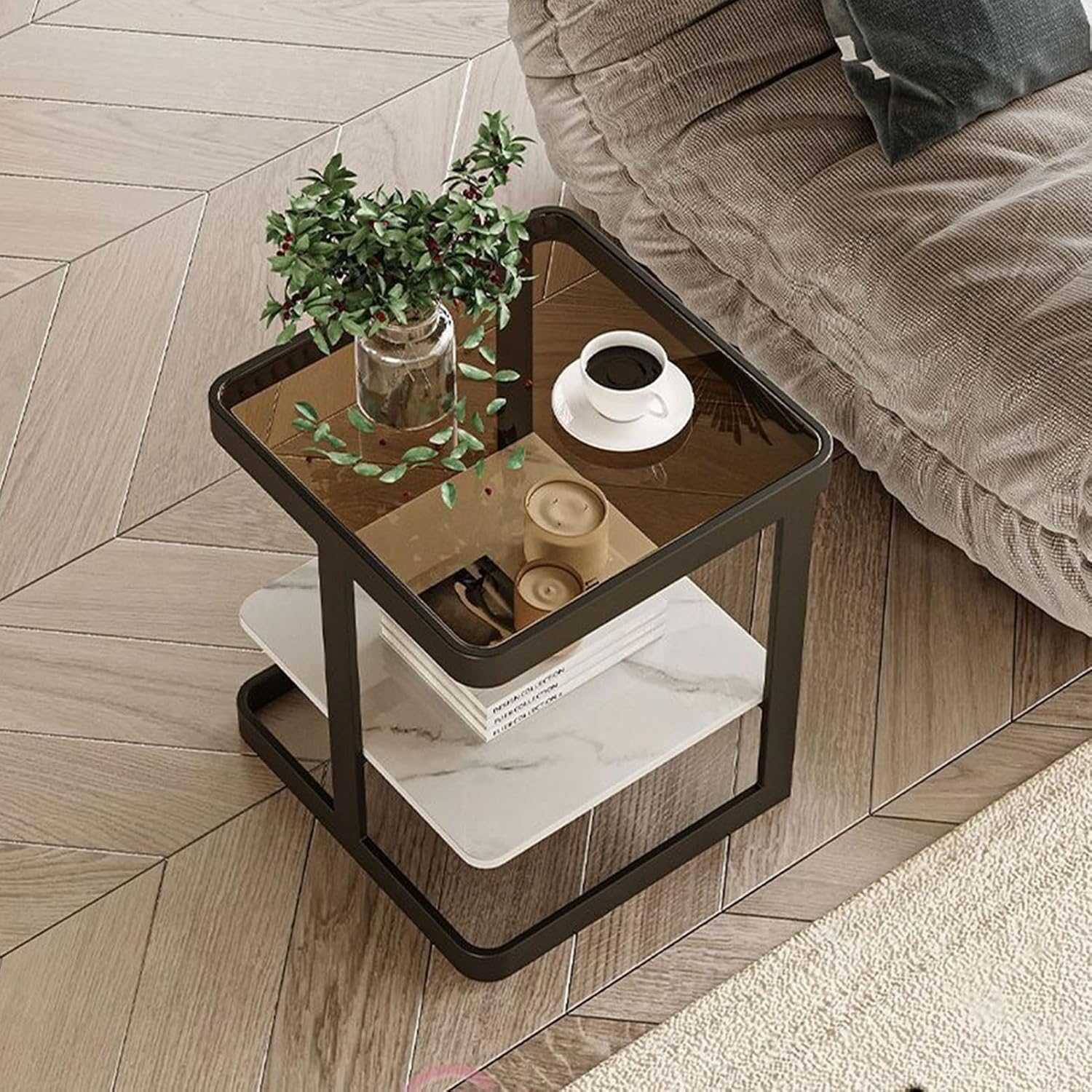 木製ブラウンサイドテーブル ガラス天板 木製ブラウンサイドテーブル